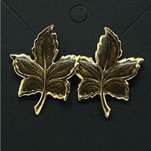 Gold Tone Leaf Earrings Maple Leaf Pierced Earrings 1” x 1-1/4” Statement Piece